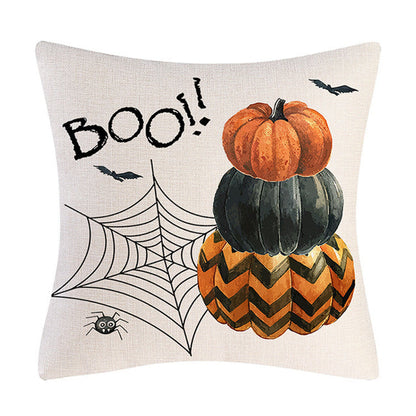 Halloween Decor Cushion Cover Spider Web/Spooky Pumpkins 18" x 18" Linen